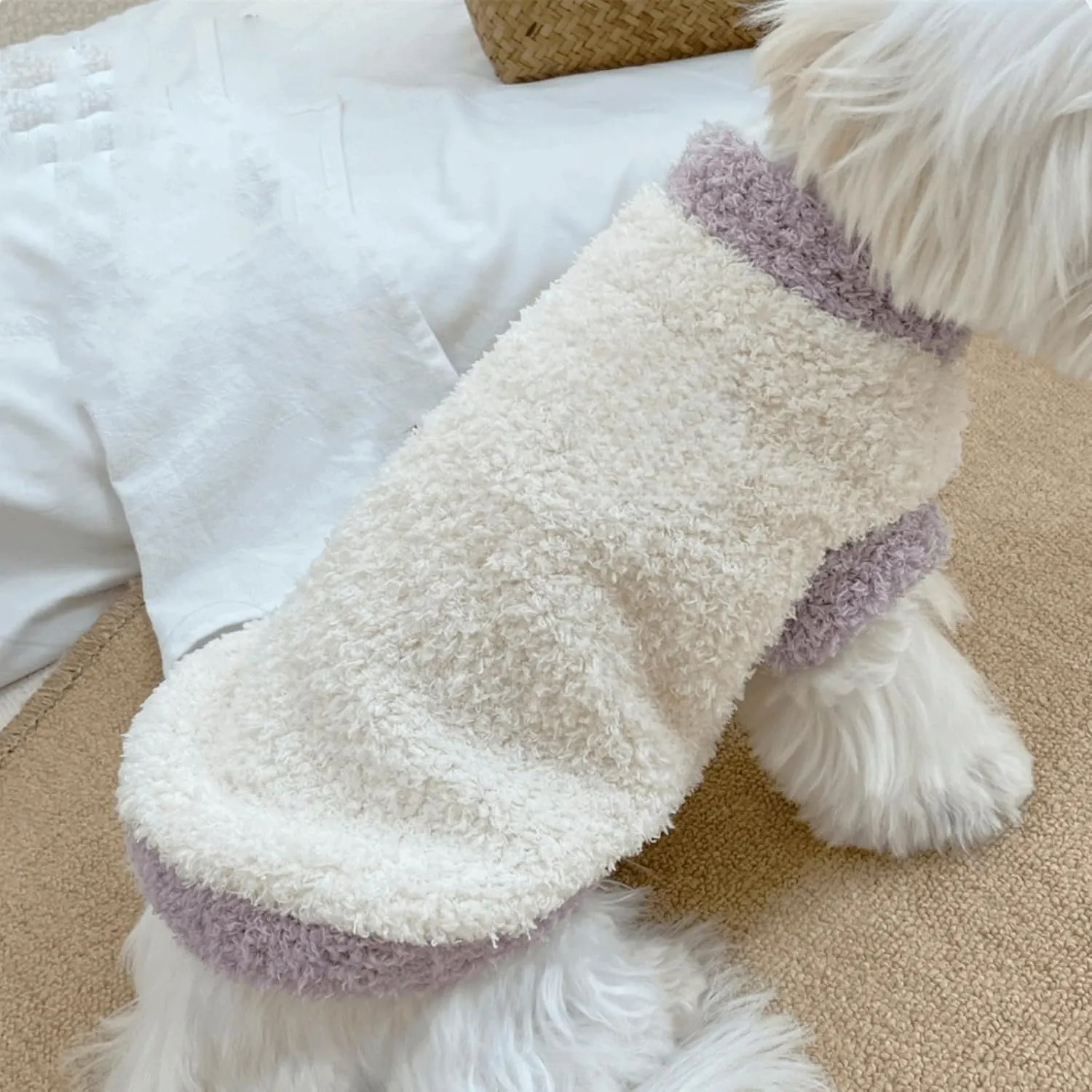 Cute Cat Sweaters Warm Cotton Plush Dog Apparel & Accessories Sleeveless White Kitten Sweaters for Indoor Cats and Small Dogs with Pet Laundry Bag (Purple,M (5.5-8.8lbs))