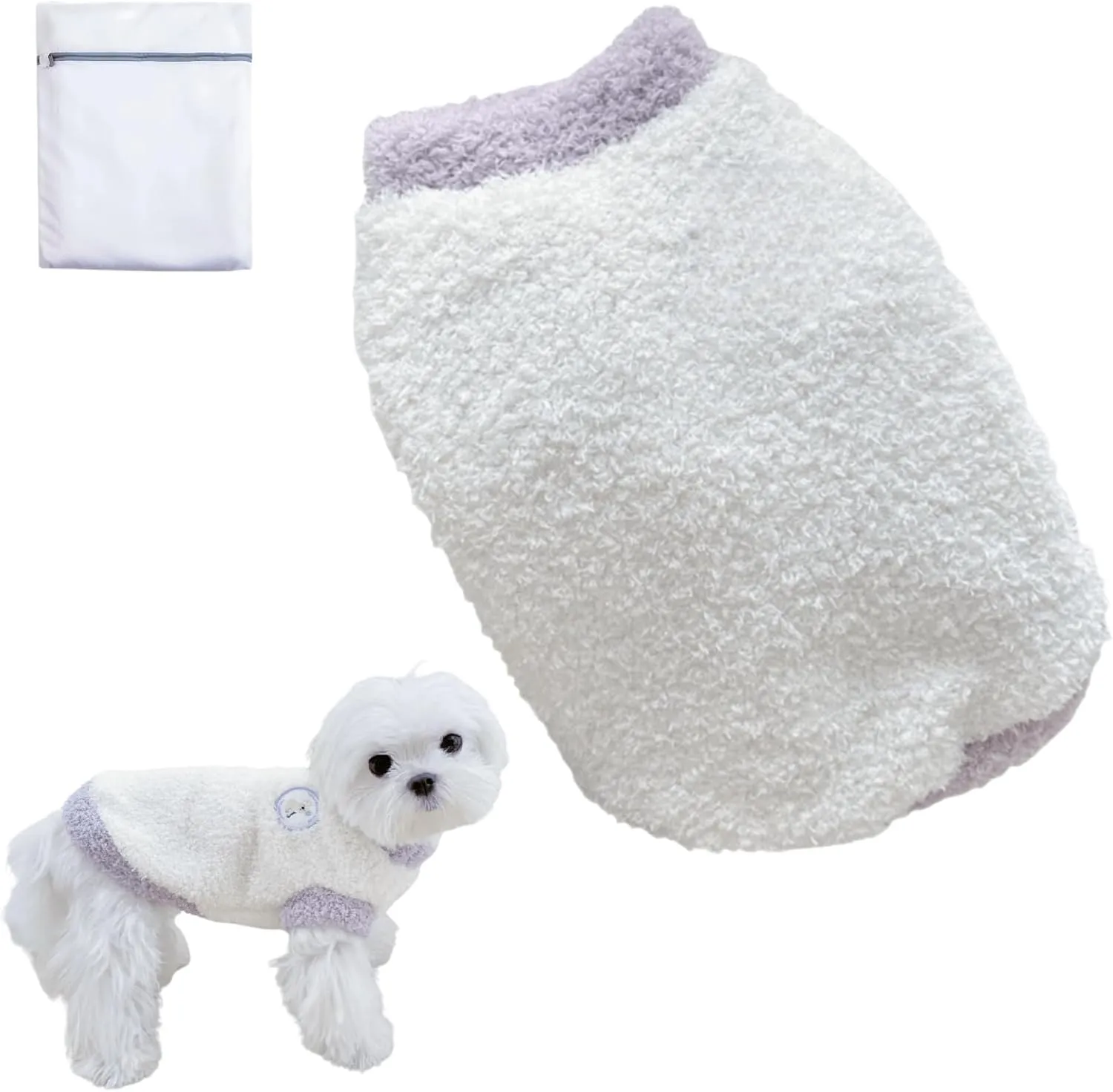 Cute Cat Sweaters Warm Cotton Plush Dog Apparel & Accessories Sleeveless White Kitten Sweaters for Indoor Cats and Small Dogs with Pet Laundry Bag (Purple,M (5.5-8.8lbs))