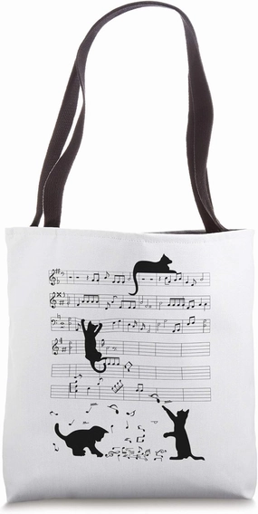 Cute Cat Kitty Playing Music Note Clef Musician Art Tote Bag