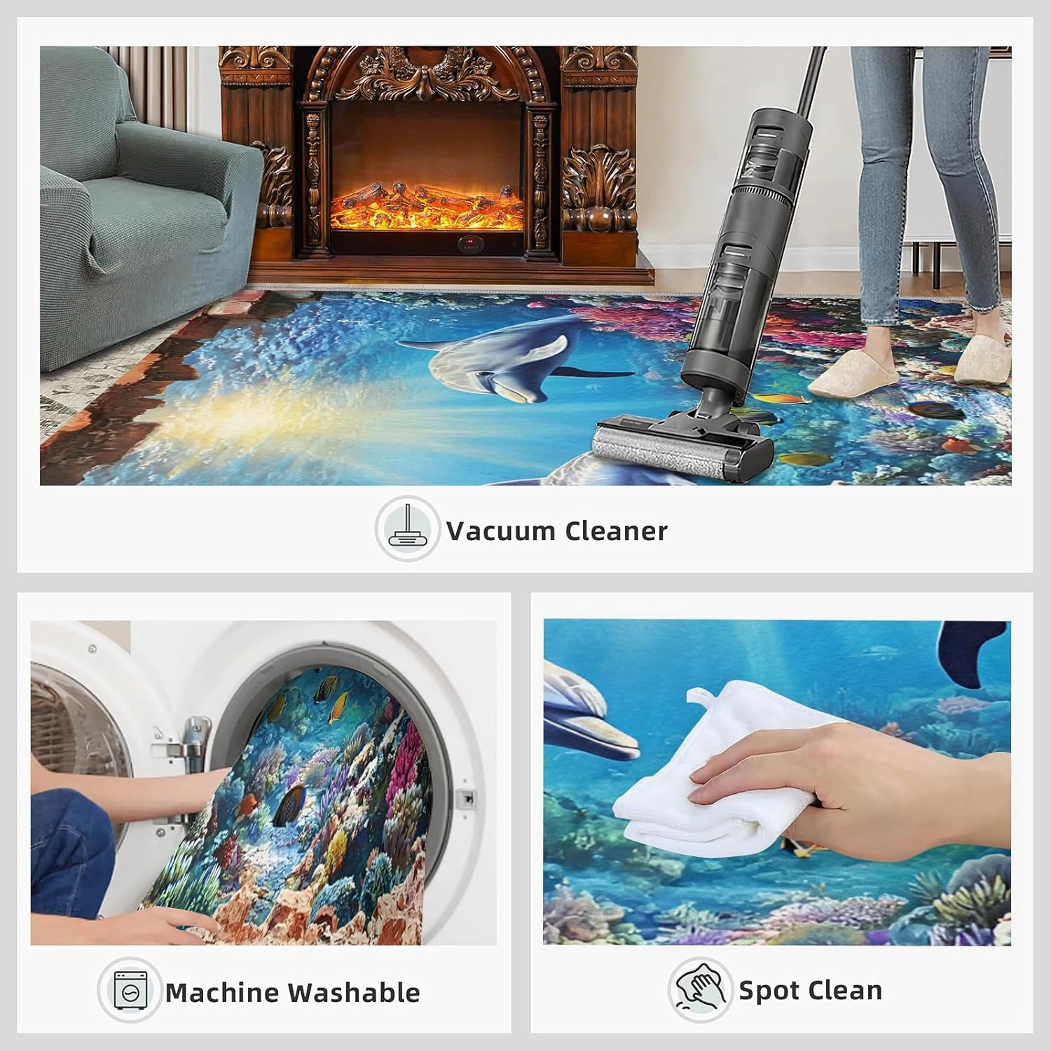 Cute Dolphin 3 x 2 Rug, Underwater World Large Area Rug, Coral Seaweed Non Slip Rug, Rugs for Kids Room Living Room Bedroom