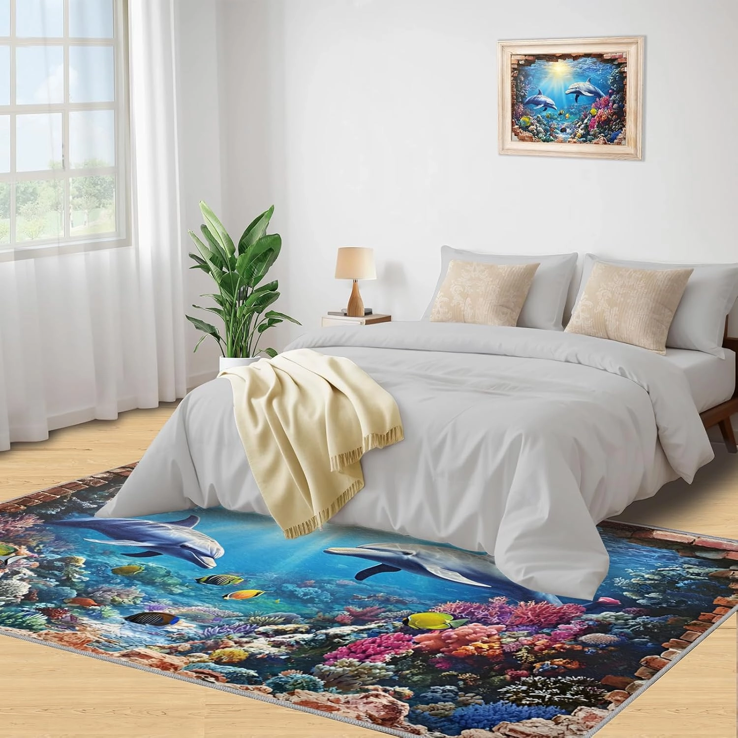 Cute Dolphin 3 x 2 Rug, Underwater World Large Area Rug, Coral Seaweed Non Slip Rug, Rugs for Kids Room Living Room Bedroom