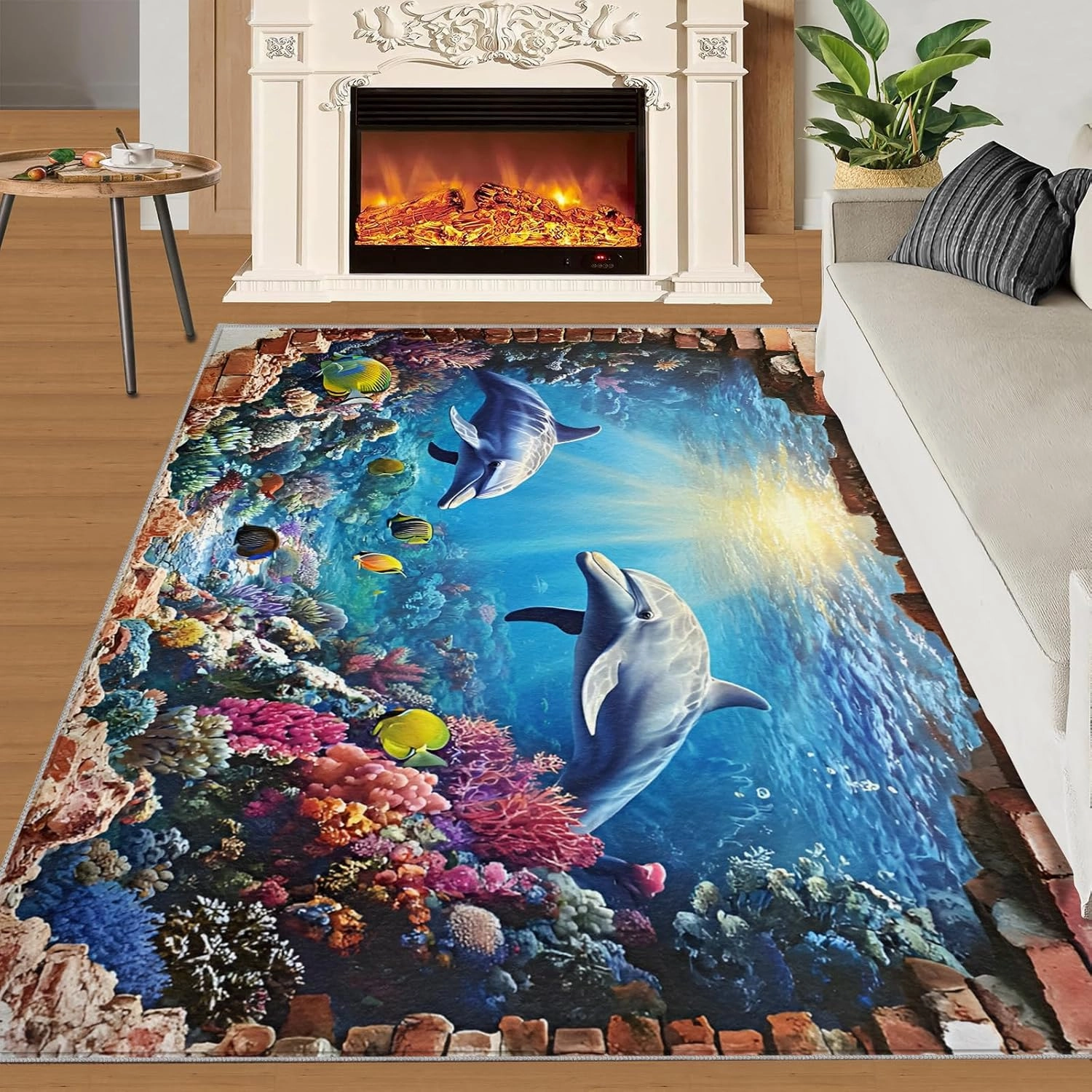 Cute Dolphin 3 x 2 Rug, Underwater World Large Area Rug, Coral Seaweed Non Slip Rug, Rugs for Kids Room Living Room Bedroom