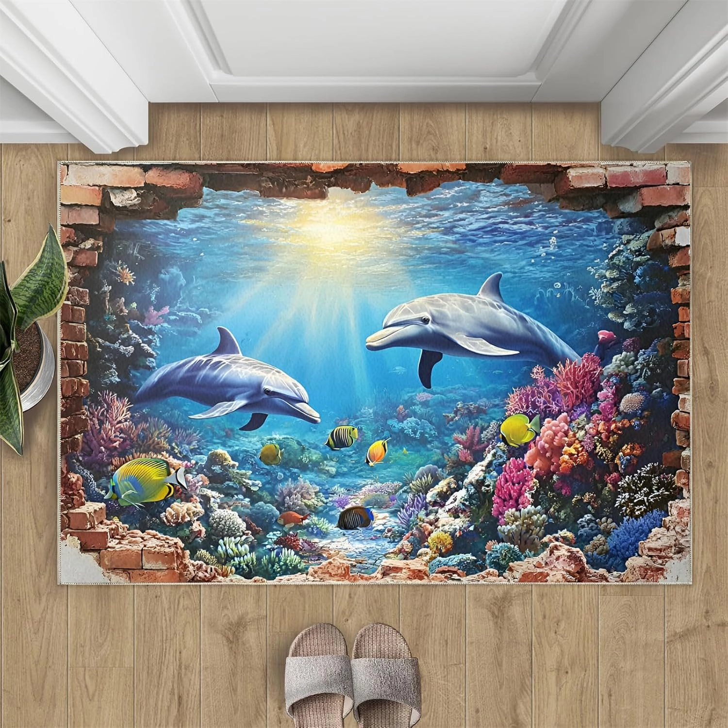 Cute Dolphin 3 x 2 Rug, Underwater World Large Area Rug, Coral Seaweed Non Slip Rug, Rugs for Kids Room Living Room Bedroom