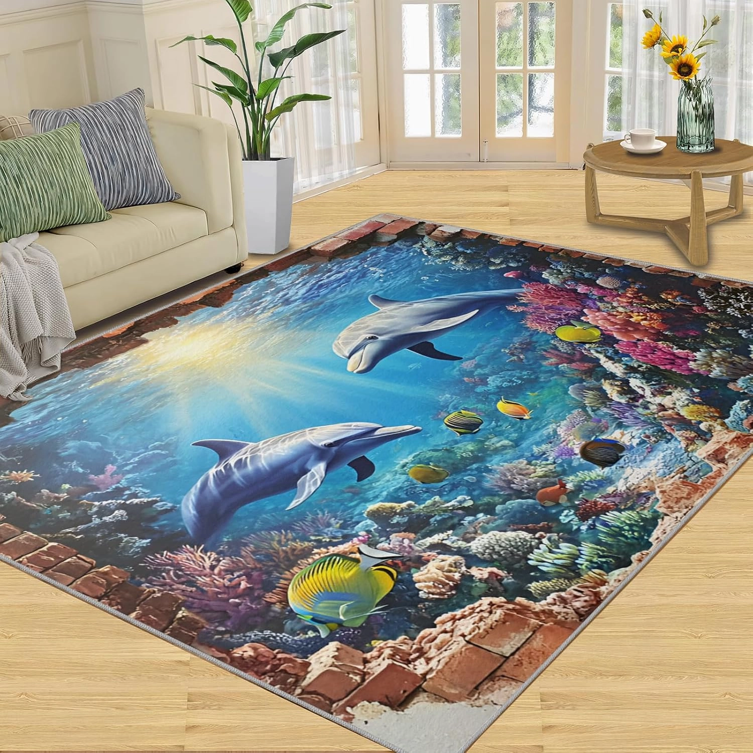 Cute Dolphin 3 x 2 Rug, Underwater World Large Area Rug, Coral Seaweed Non Slip Rug, Rugs for Kids Room Living Room Bedroom