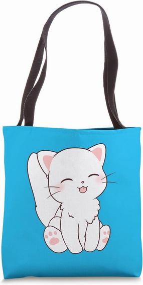 Cute White Cat Chibi - Tongue Sticking Out Tote Bag