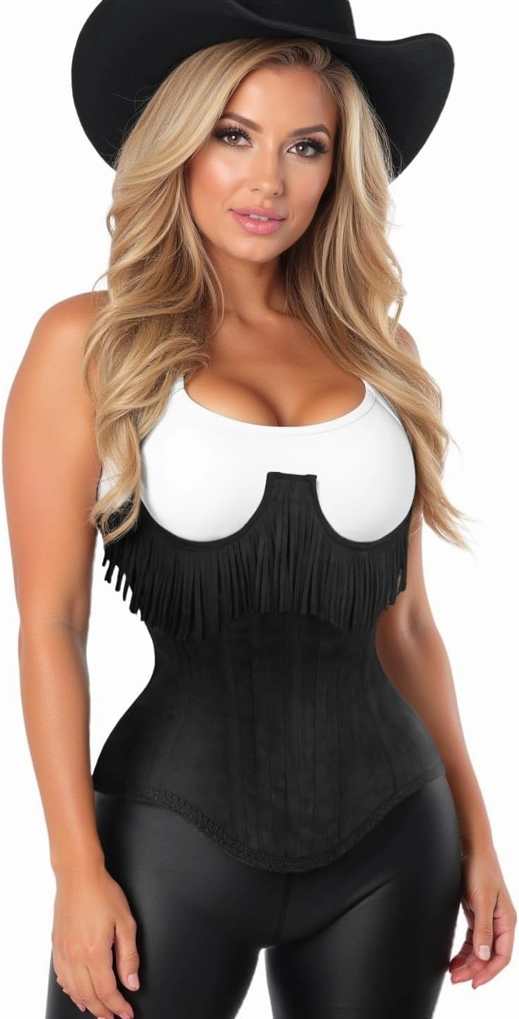 Daisy corsets Womens Womens Black Suede Steel Boned Under Bust Corset Waist Cincher Fringe Top Western & Plus Size