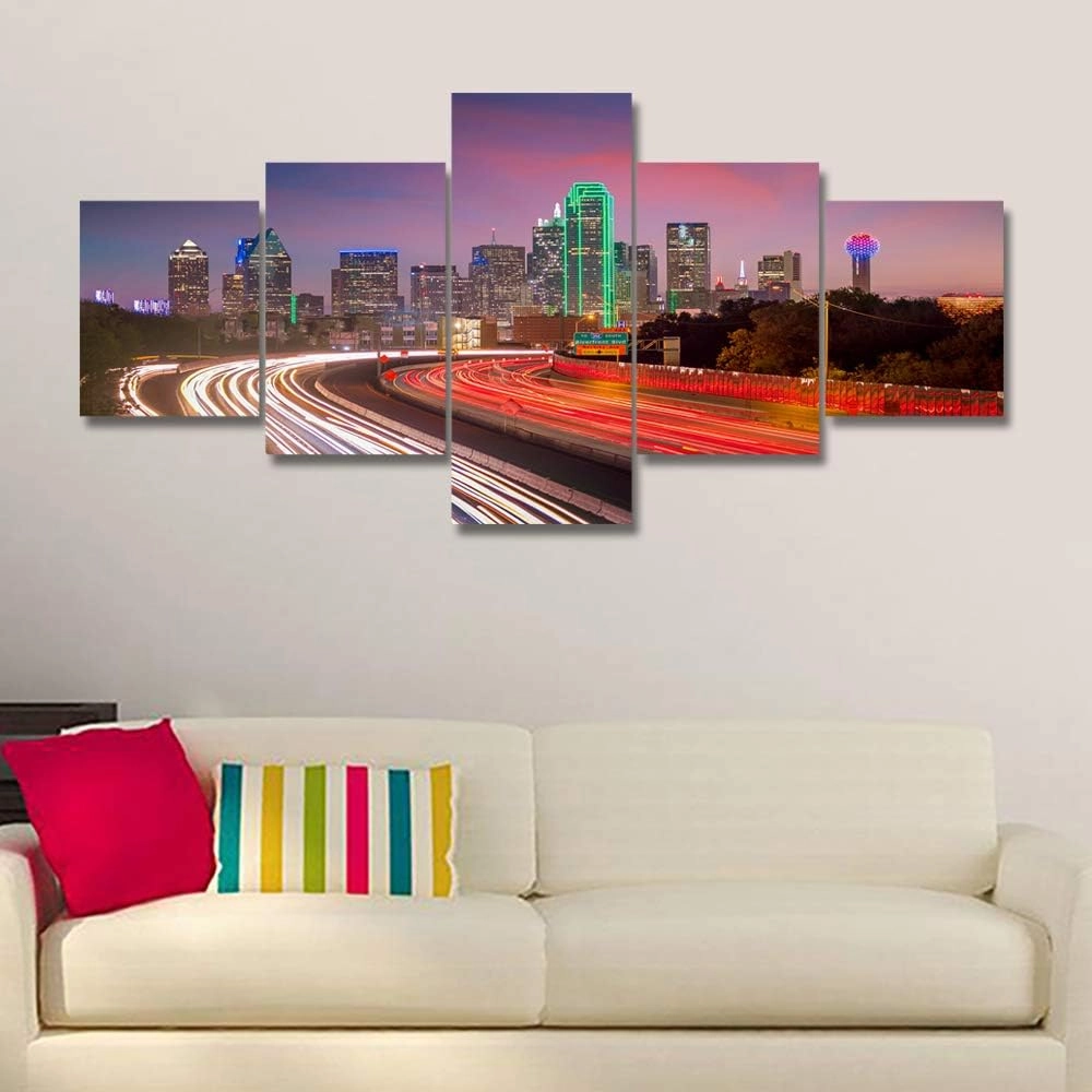 Dallas Texas Skyscrapers and Skyline Pictures Cityscape Paintings for Wall City Wall Art Artwork 5 Panel Canvas Native American Home Decorations for Living Room Wooden Framed Ready to Hang(50"Wx24"H)