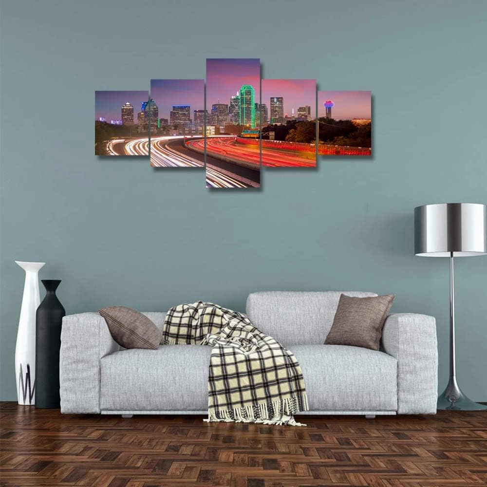 Dallas Texas Skyscrapers and Skyline Pictures Cityscape Paintings for Wall City Wall Art Artwork 5 Panel Canvas Native American Home Decorations for Living Room Wooden Framed Ready to Hang(50"Wx24"H)