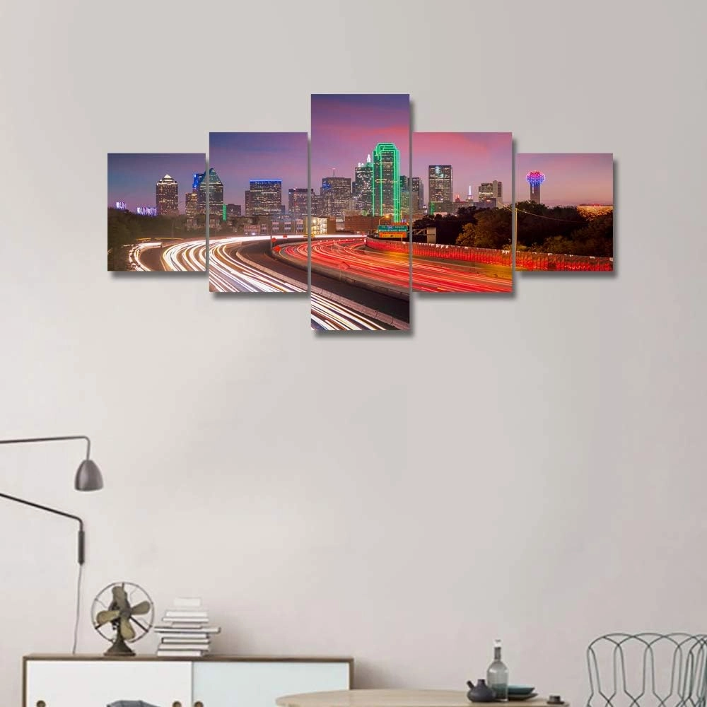 Dallas Texas Skyscrapers and Skyline Pictures Cityscape Paintings for Wall City Wall Art Artwork 5 Panel Canvas Native American Home Decorations for Living Room Wooden Framed Ready to Hang(50"Wx24"H)