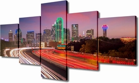 Dallas Texas Skyscrapers and Skyline Pictures Cityscape Paintings for Wall City Wall Art Artwork 5 Panel Canvas Native American Home Decorations for Living Room Wooden Framed Ready to Hang(50"Wx24"H)