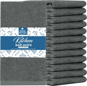 DAN RIVER 100% Cotton Bar Mop Kitchen Towels, 16x19 inches, Pack of 12, 350 GSM, Gray – Highly Absorbent Dish Towels, Quick-Dry, Reusable Mops for Kitchen, Home, Restaurants and Offices