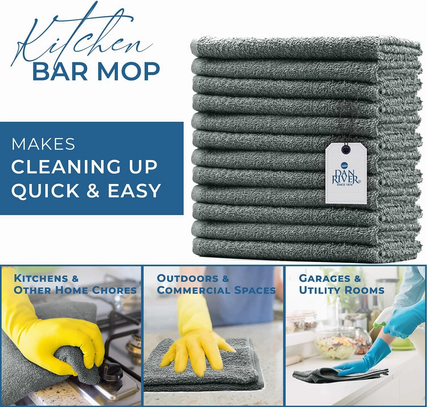 DAN RIVER 100% Cotton Bar Mop Kitchen Towels, 16x19 inches, Pack of 12, 350 GSM, Gray – Highly Absorbent Dish Towels, Quick-Dry, Reusable Mops for Kitchen, Home, Restaurants and Offices