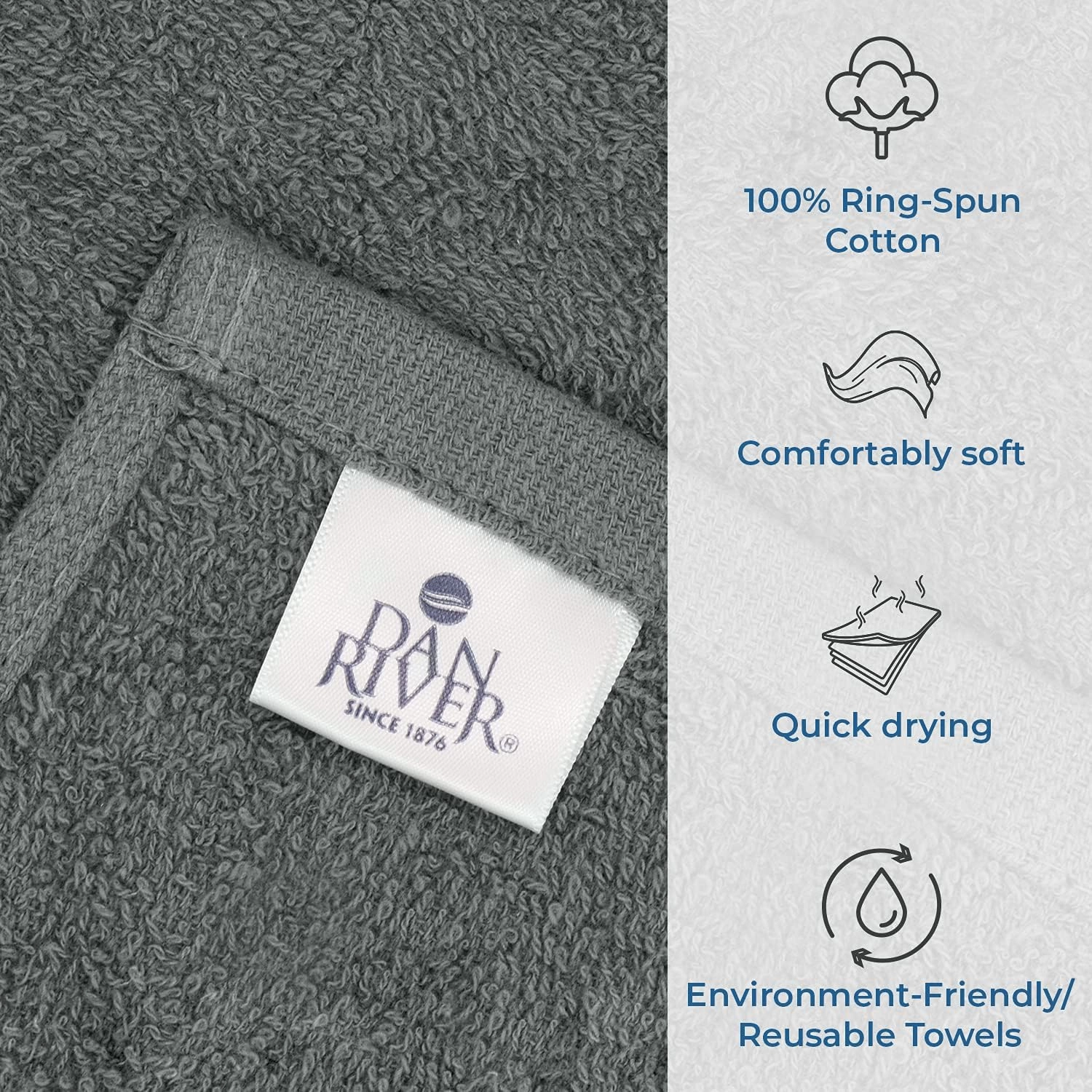 DAN RIVER 100% Cotton Bar Mop Kitchen Towels, 16x19 inches, Pack of 12, 350 GSM, Gray – Highly Absorbent Dish Towels, Quick-Dry, Reusable Mops for Kitchen, Home, Restaurants and Offices