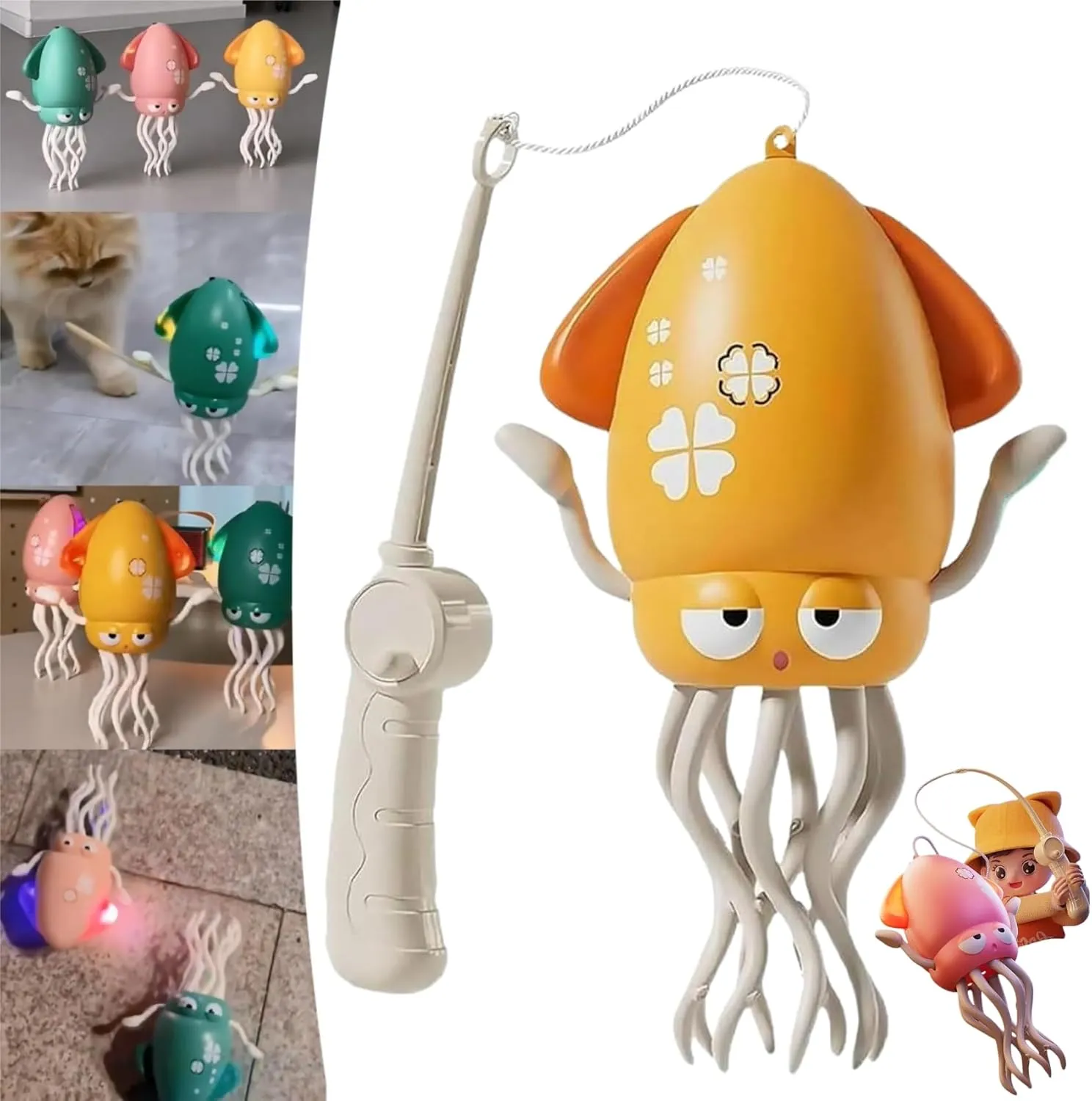 Dancing Octopus Toy, Wiggly Wonder Octopus, Crazy 8-Leg Auto-Dance Toy, with led & Music, Smart-Tentacle Self-Navigating Robotic, Smart Auto-Wiggling, Motor Skill Development (Yellow   Fishing Rod)