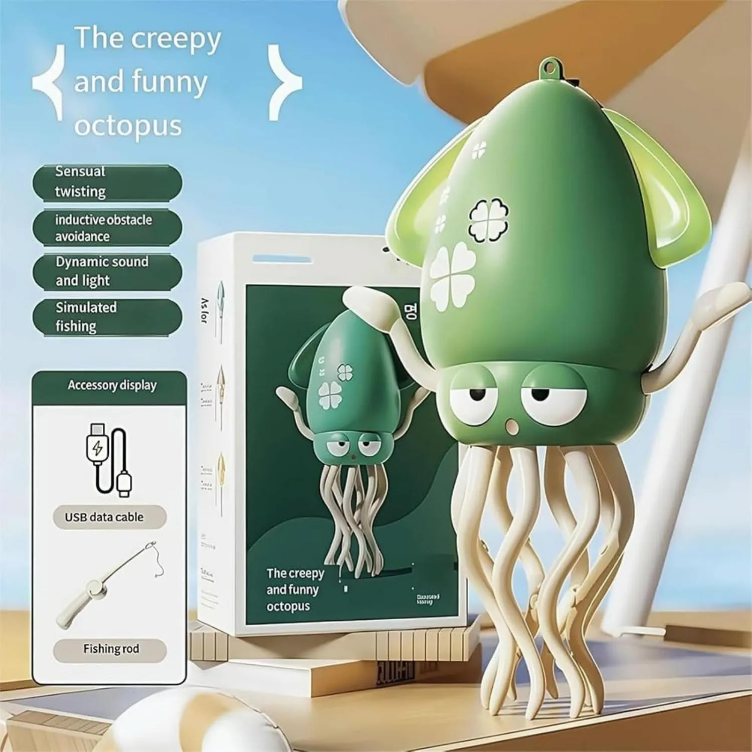 Dancing Octopus Toy, Wiggly Wonder Octopus, Crazy 8-Leg Auto-Dance Toy, with led & Music, Smart-Tentacle Self-Navigating Robotic, Smart Auto-Wiggling, Motor Skill Development (Yellow   Fishing Rod)