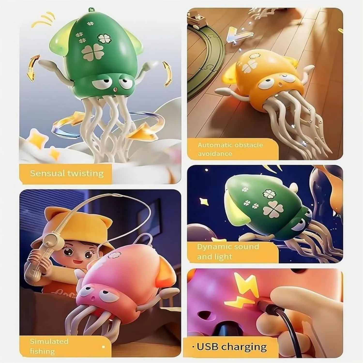 Dancing Octopus Toy, Wiggly Wonder Octopus, Crazy 8-Leg Auto-Dance Toy, with led & Music, Smart-Tentacle Self-Navigating Robotic, Smart Auto-Wiggling, Motor Skill Development (Yellow   Fishing Rod)