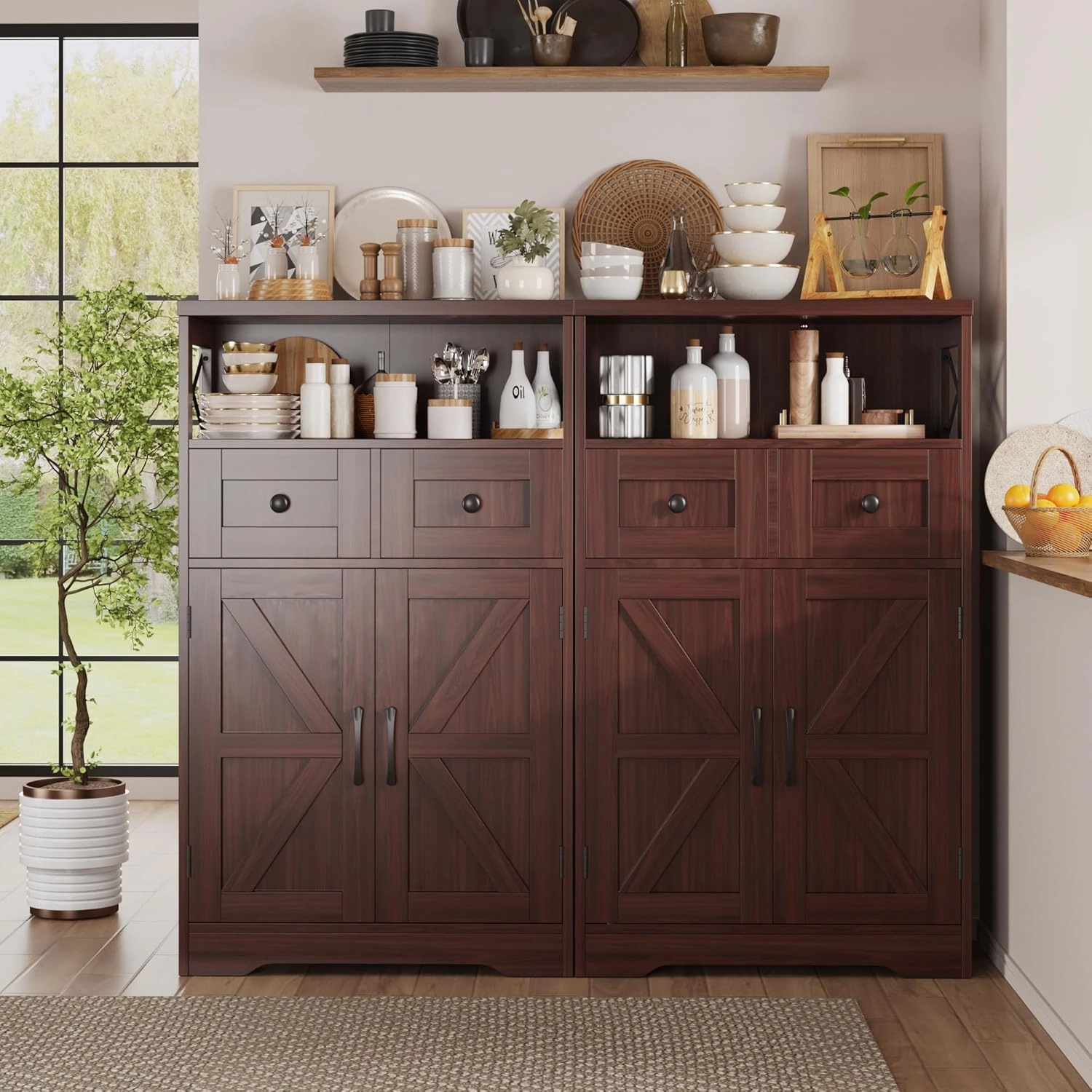 Dark Brown Storage Cabinet with Drawers and Shelves, Standing Kitchen Pantry Cabinet, Floor Storage Cabinet Hutch Cupboard, Coffee Bar Station for Dining Living Room Home Office