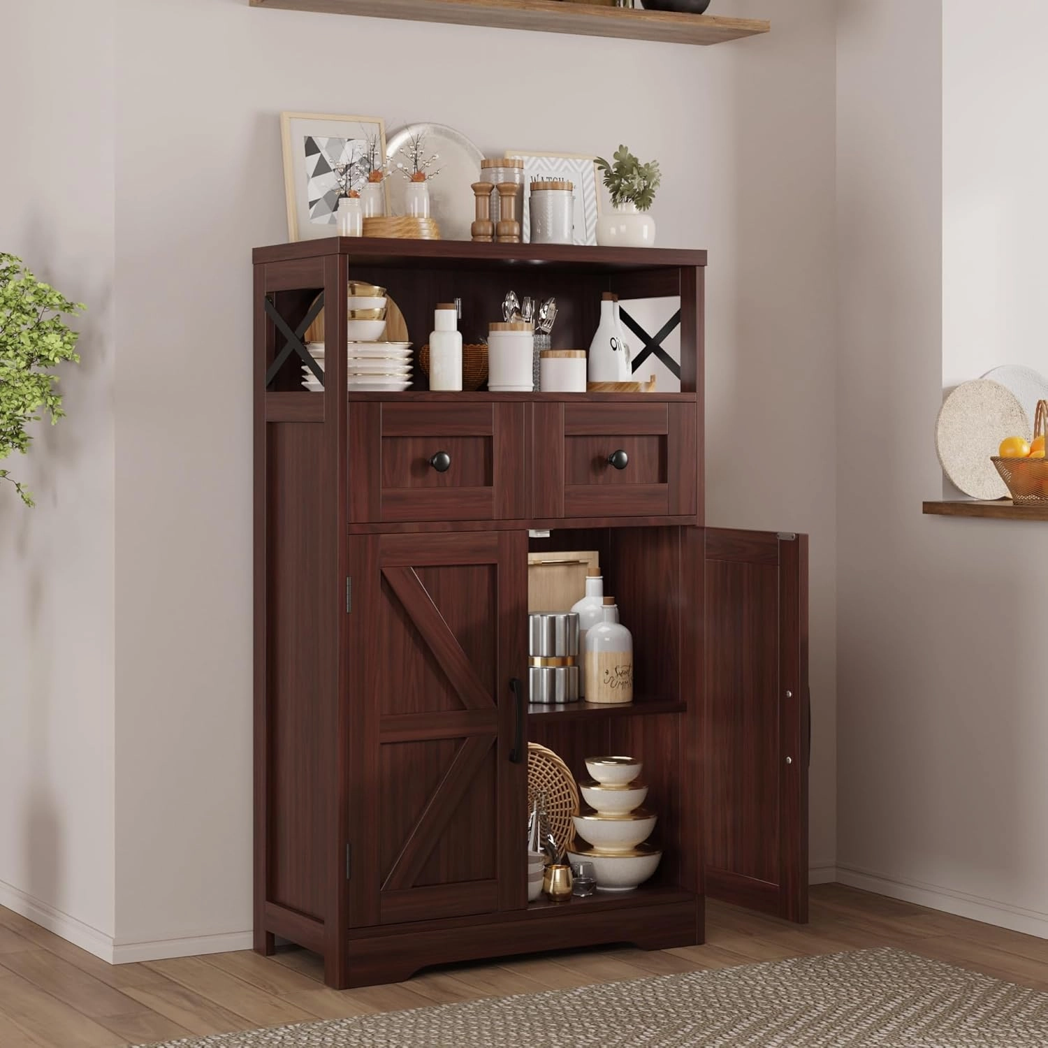 Dark Brown Storage Cabinet with Drawers and Shelves, Standing Kitchen Pantry Cabinet, Floor Storage Cabinet Hutch Cupboard, Coffee Bar Station for Dining Living Room Home Office