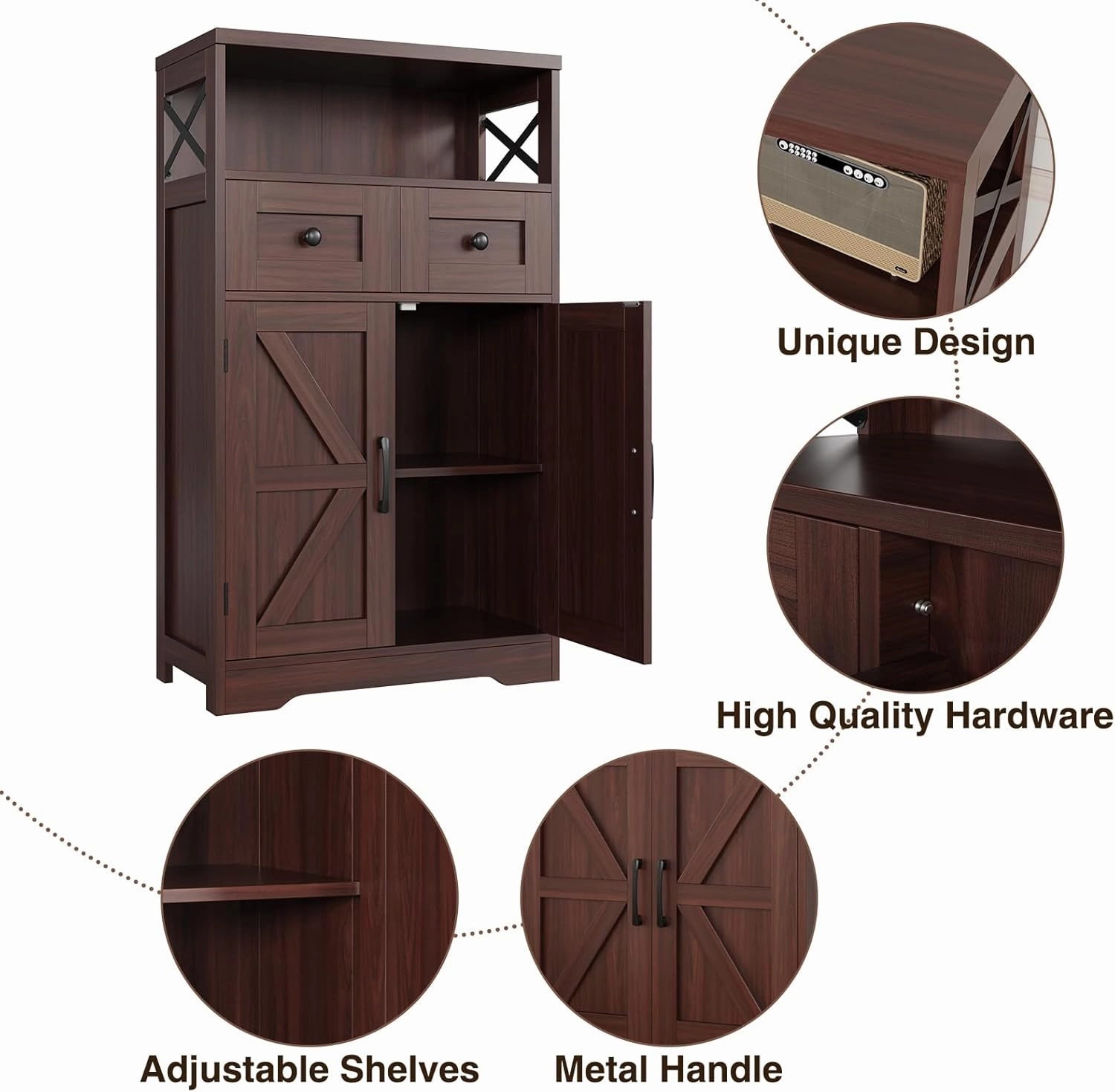 Dark Brown Storage Cabinet with Drawers and Shelves, Standing Kitchen Pantry Cabinet, Floor Storage Cabinet Hutch Cupboard, Coffee Bar Station for Dining Living Room Home Office