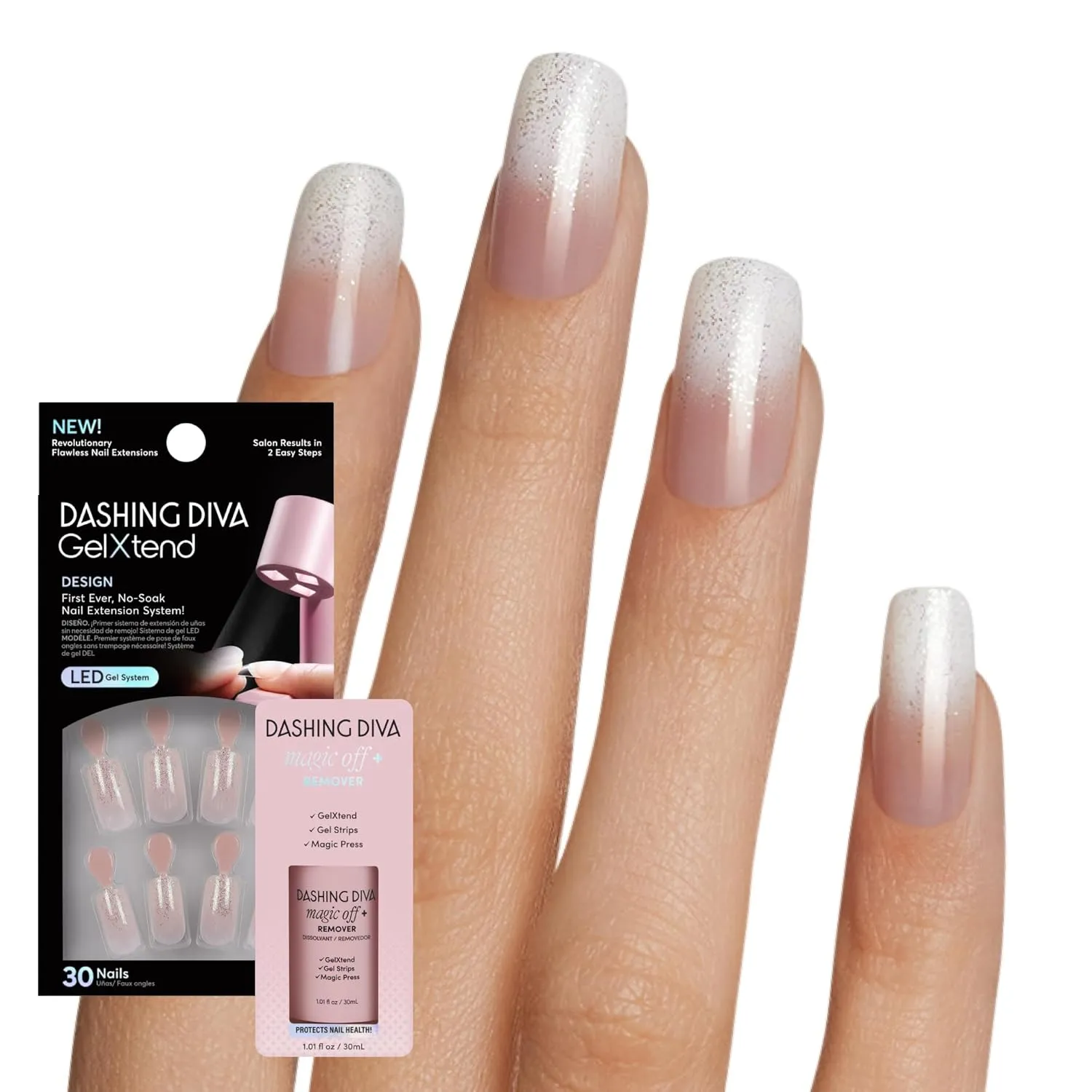Dashing Diva GelXtend Design & Removal Kit - Nail Tips & Magic Off  Remover - Acrylic Nails with LED Glue - Lasts Up to 14 Days - Press On Remover with Niacinamide and Castor Oil - Summer Shimmer