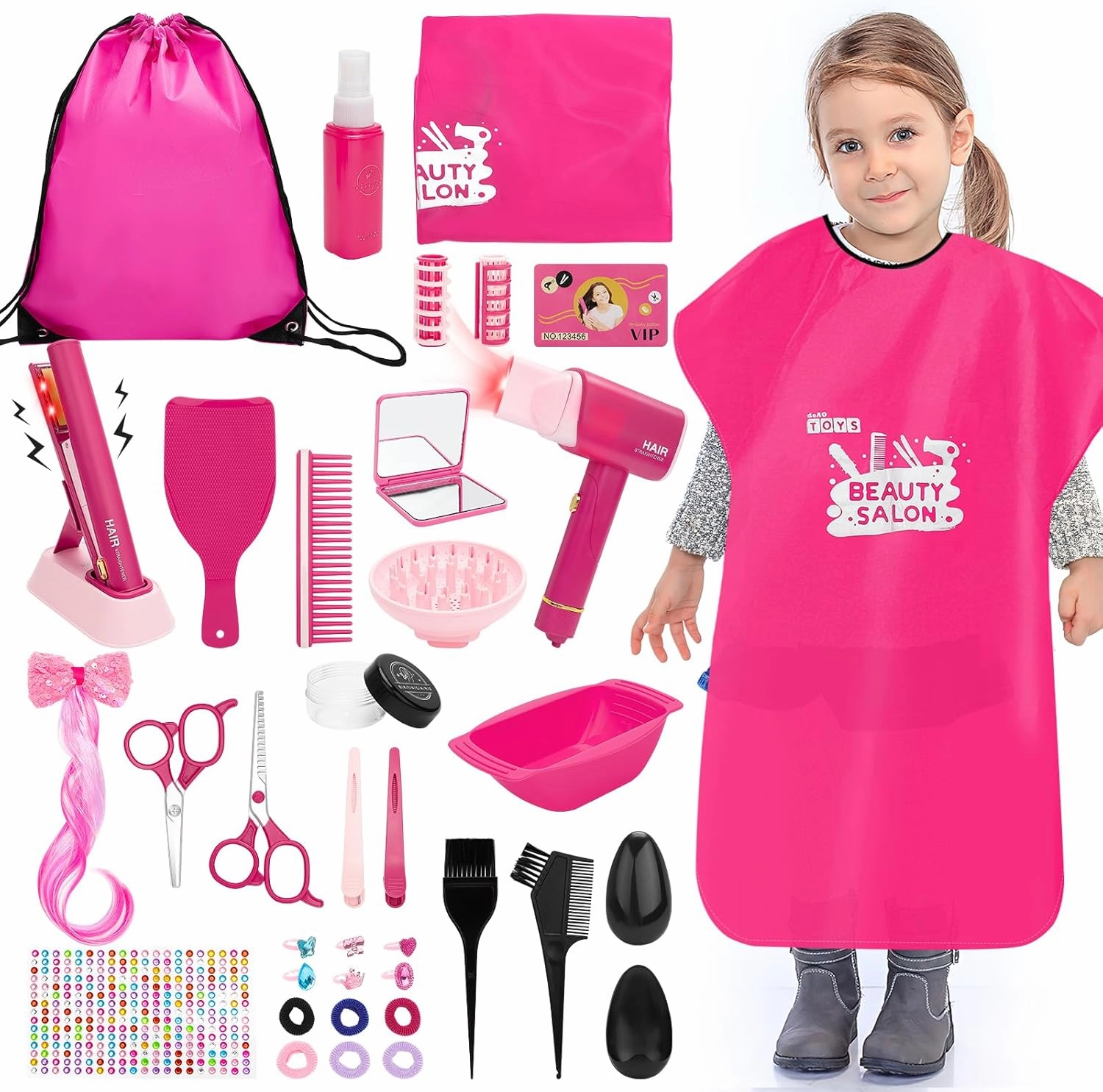 deAO Pretend Hair Salon Toys for Girls Pretend Makeup Toys Set for Kids Girl Beauty Salon Kit with Hair Dryer, Barber Costume Apron, Scissors and Stylist Acessories Girls Gifts
