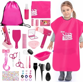 deAO Pretend Hair Salon Toys for Girls Pretend Makeup Toys Set for Kids Girl Beauty Salon Kit with Hair Dryer, Barber Costume Apron, Scissors and Stylist Acessories Girls Gifts