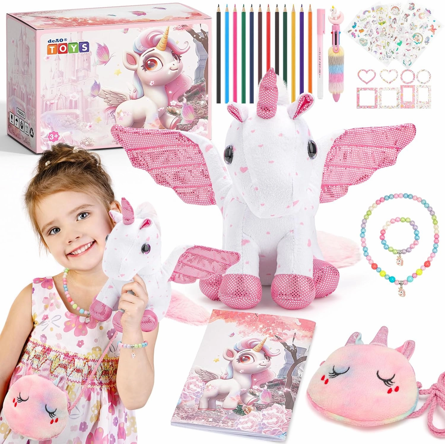 deAO Stuffed Animals Toys for 3 4 5 6 7 8 Year Old Girls, Soft Plush Toys Set with Coloring Book,Necklace & Bracelet,DIY Journal Painting Kit Gifts for Girls Birthday Christmas