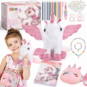 deAO Stuffed Animals Toys for 3 4 5 6 7 8 Year Old Girls, Soft Plush Toys Set with Coloring Book,Necklace & Bracelet,DIY Journal Painting Kit Gifts for Girls Birthday Christmas