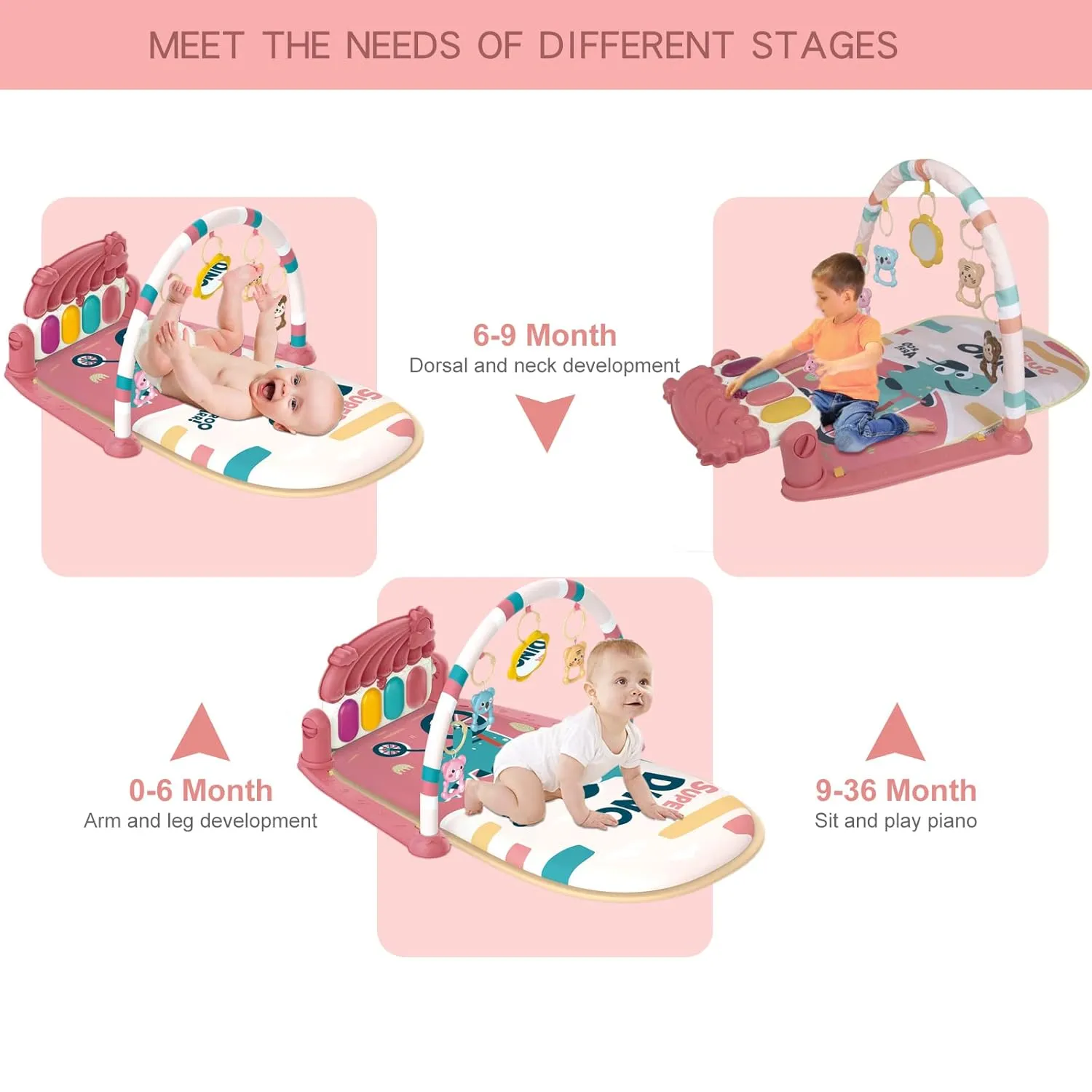 dearlomum Baby Play Mat Baby Gym, Piano Tummy Time Baby Activity Gym Mat with 5 Infant Learning Sensory Baby Toys, Music and Lights Boy & Girl Gifts for Newborn Baby 0 to 3 6 9 12 Months(Pink)