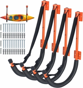 DEDU Kayak Storage Rack, Kayak Wall Mount Hangers 2 Pack & 4 Pack, Paddle Board Holder Wall Mount Kayak Storage Hooks with Lashing Straps for Hanging Canoe Surfboard Snowboard Ladders Bikes