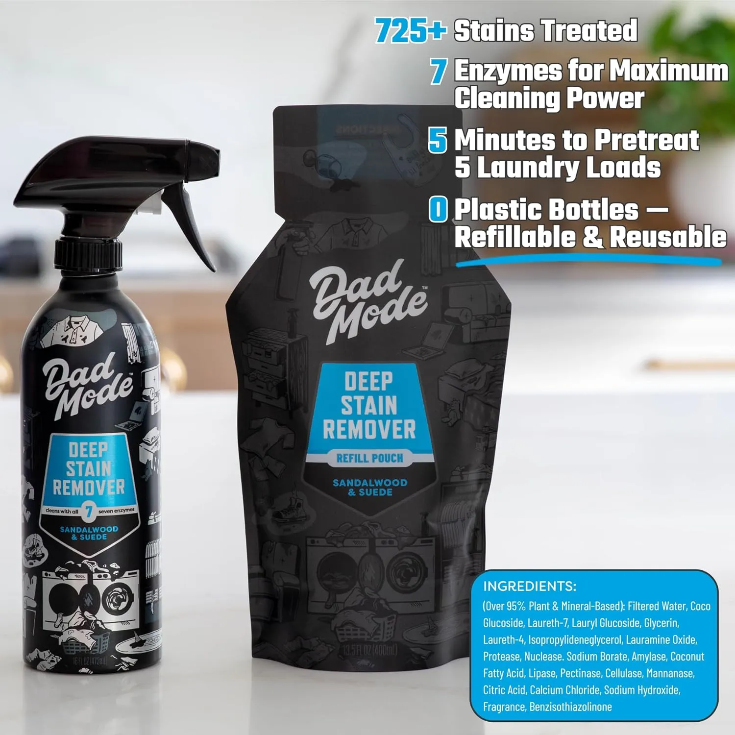 Deep Stain Remover - 16oz Bottle   13.5oz Refill, 7-Enzyme Formula, Sandalwood & Suede Scent, Eco-Friendly, Zero Plastic Waste