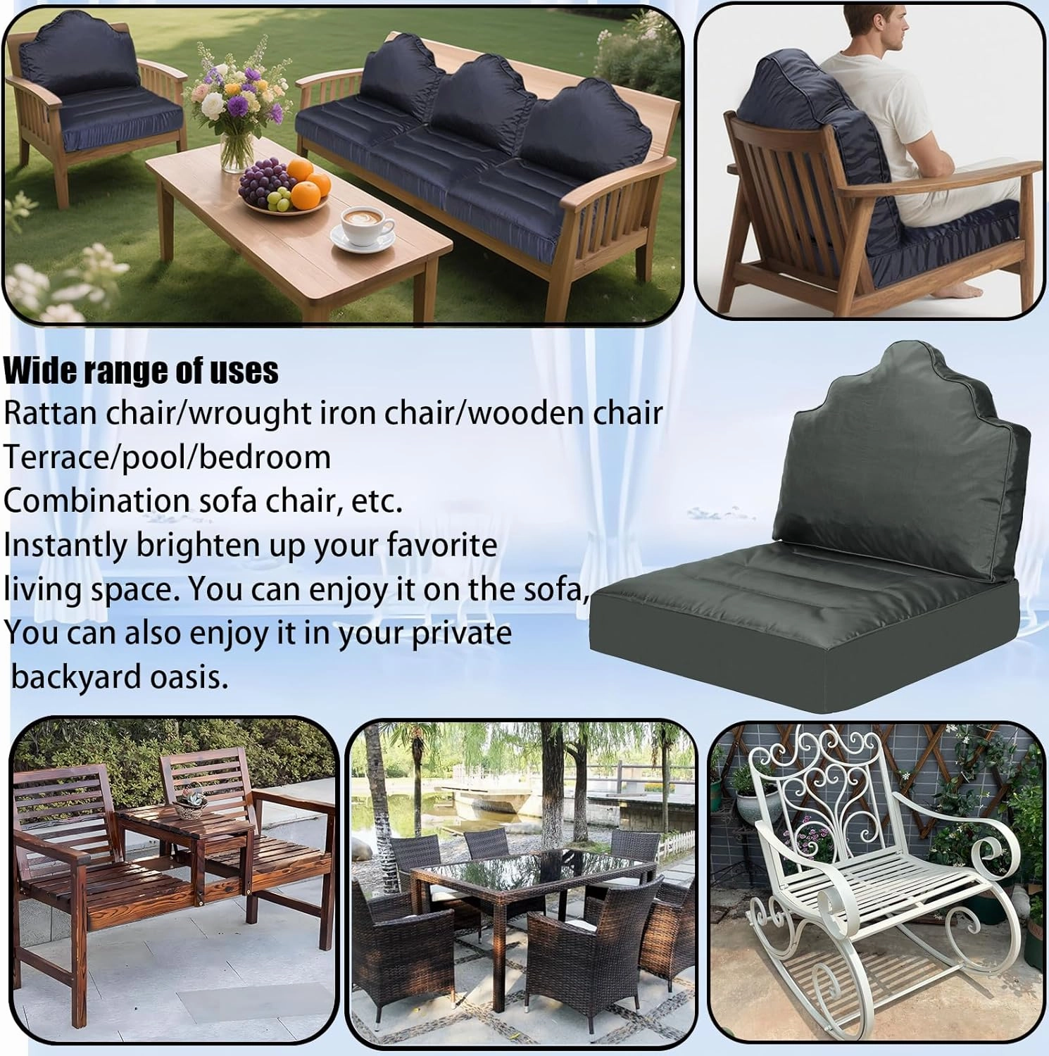 Deep Seat Patio Cushion Set 24 x 24 Inch,Filled with High-Support Sponge  Pearl Cotton,Waterproof & Fade Resistant,with Backrest and Removable Cover,Outdoor Deep Seat Set for Patio Furniture