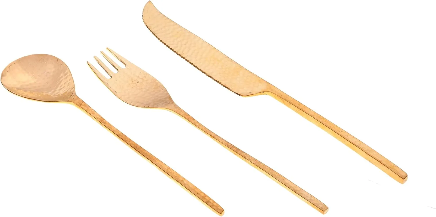 DeKulture Handmade Pure Brass 3 Pieces Cutlery Set Premium Deluxe Tableware Classic Gold Burnished Utilitarian Flatware Ideal for Serving & Dining Table Decoration