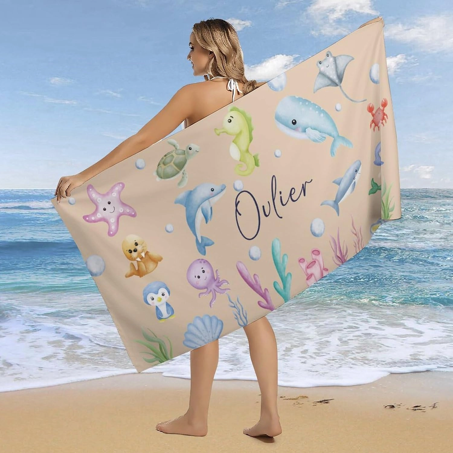 Desert Sand Penguin Beach Towels for Adults Boy Gift Personalized Names Pool Towel Luxury Microfiber Blue Whale Sand Towel for Boys Women Beach Trip Gifts