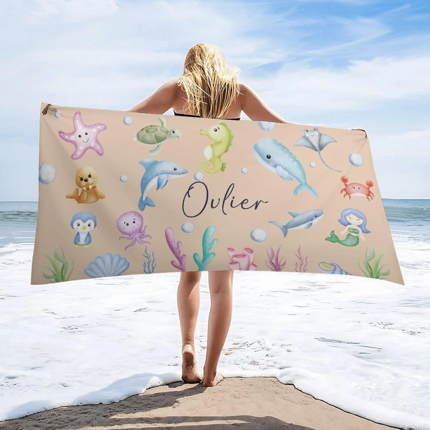 Desert Sand Penguin Beach Towels for Adults Boy Gift Personalized Names Pool Towel Luxury Microfiber Blue Whale Sand Towel for Boys Women Beach Trip Gifts