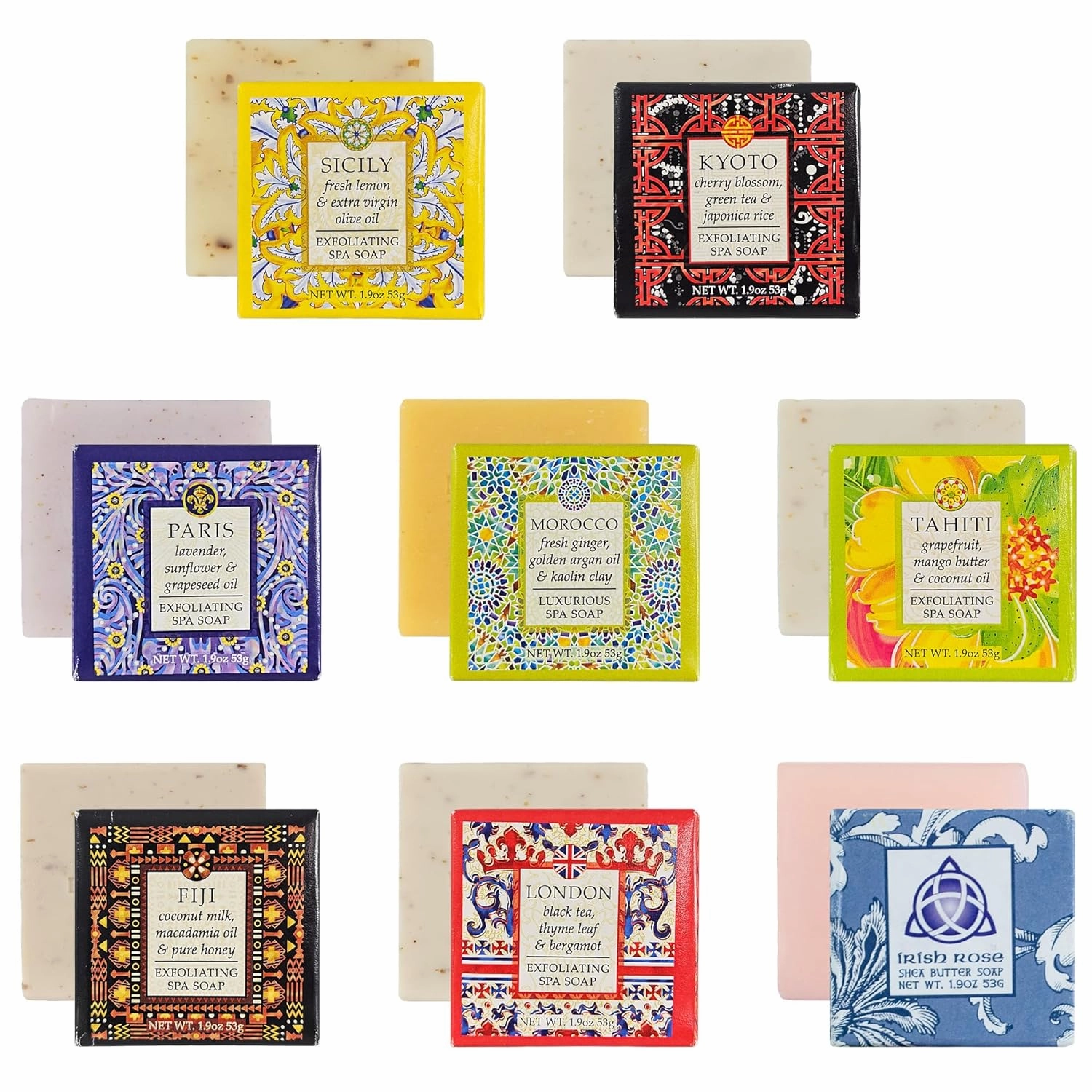 Destination Soap Sampler- Set of 8 Exfoliating Spa Soap Bars- Enriched with Shea Butter and Essential Oils- Sicily, Kyoto, London, Paris, Morocco, Tahiti, Fiji and Custom Soap- Party Favors for Adults