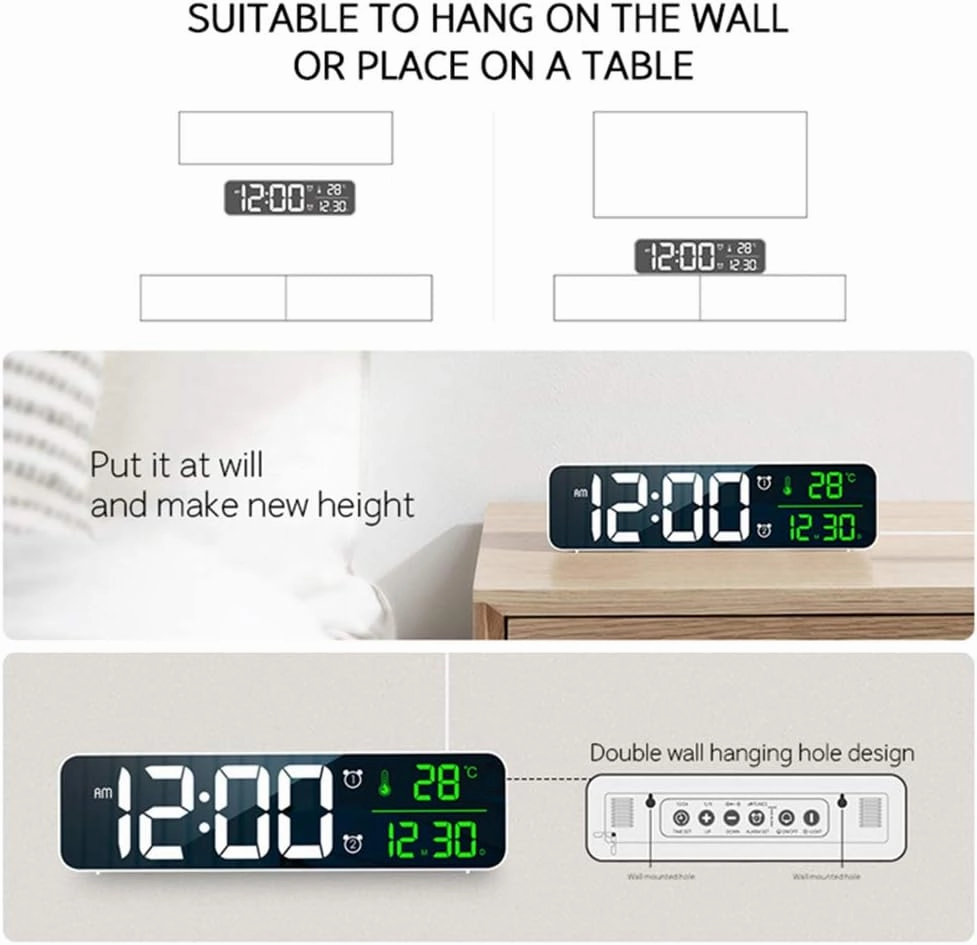 Digital Clock Large Display, Alarm Clock for Living Room Office Bedroom Decor, LED Corded Electric, Date Temp Display Wall Clock, Automatic Brightness Dimmer Smart Cool Modern Desk Accessories Black