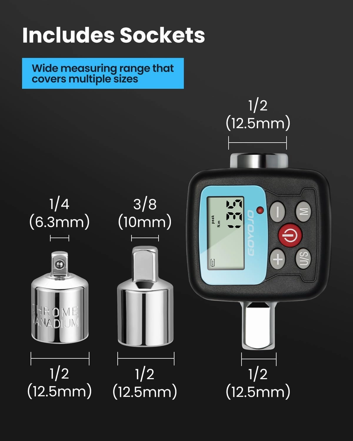 Digital Torque Wrench Adapter - Precision Electronic Torque Tool Converter and Meter with LCD Display, Includes 1/2", 1/4", 3/8" Adapters for Automotive, Biking, DIY & Home Repairs (200N.m)