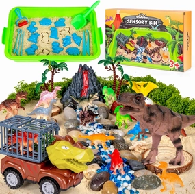 Dinosaur Sensory Bin Set for Kids Ages 3-5 - Sand Kit with 2.2lb Sand, Dino Figures, Beach Molds, Truck Toy & Storage Box