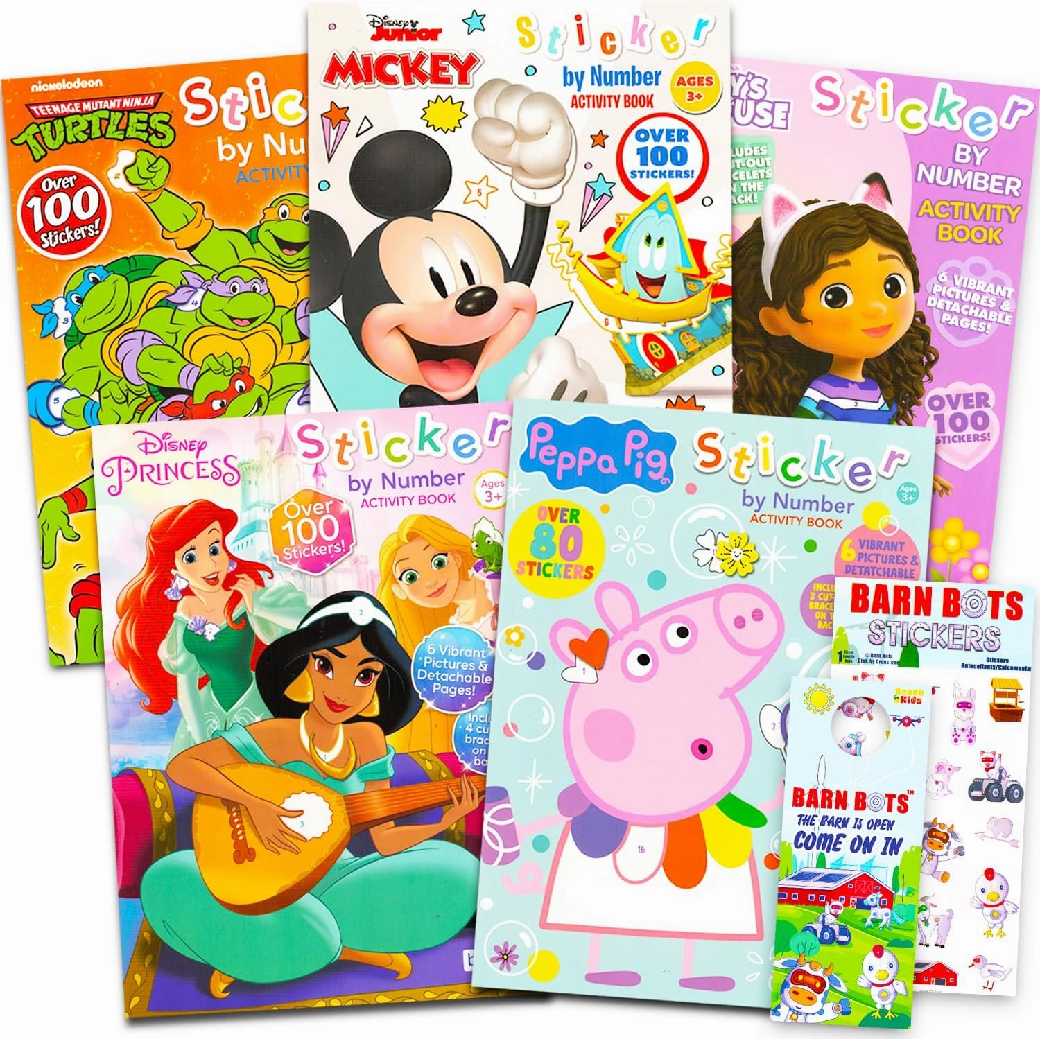 Disney Sticker by Number Activity Books for Kids - Bundle with 5 Assorted Mosaic by Number Design Set Featuring Mickey, Princess, Gabby's Dollhouse, TMNT, More | Sticker Arts and Crafts for Toddlers
