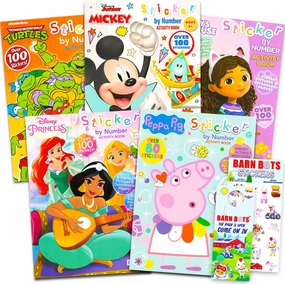 Disney Sticker by Number Activity Books for Kids - Bundle with 5 Assorted Mosaic by Number Design Set Featuring Mickey, Princess, Gabby's Dollhouse, TMNT, More | Sticker Arts and Crafts for Toddlers
