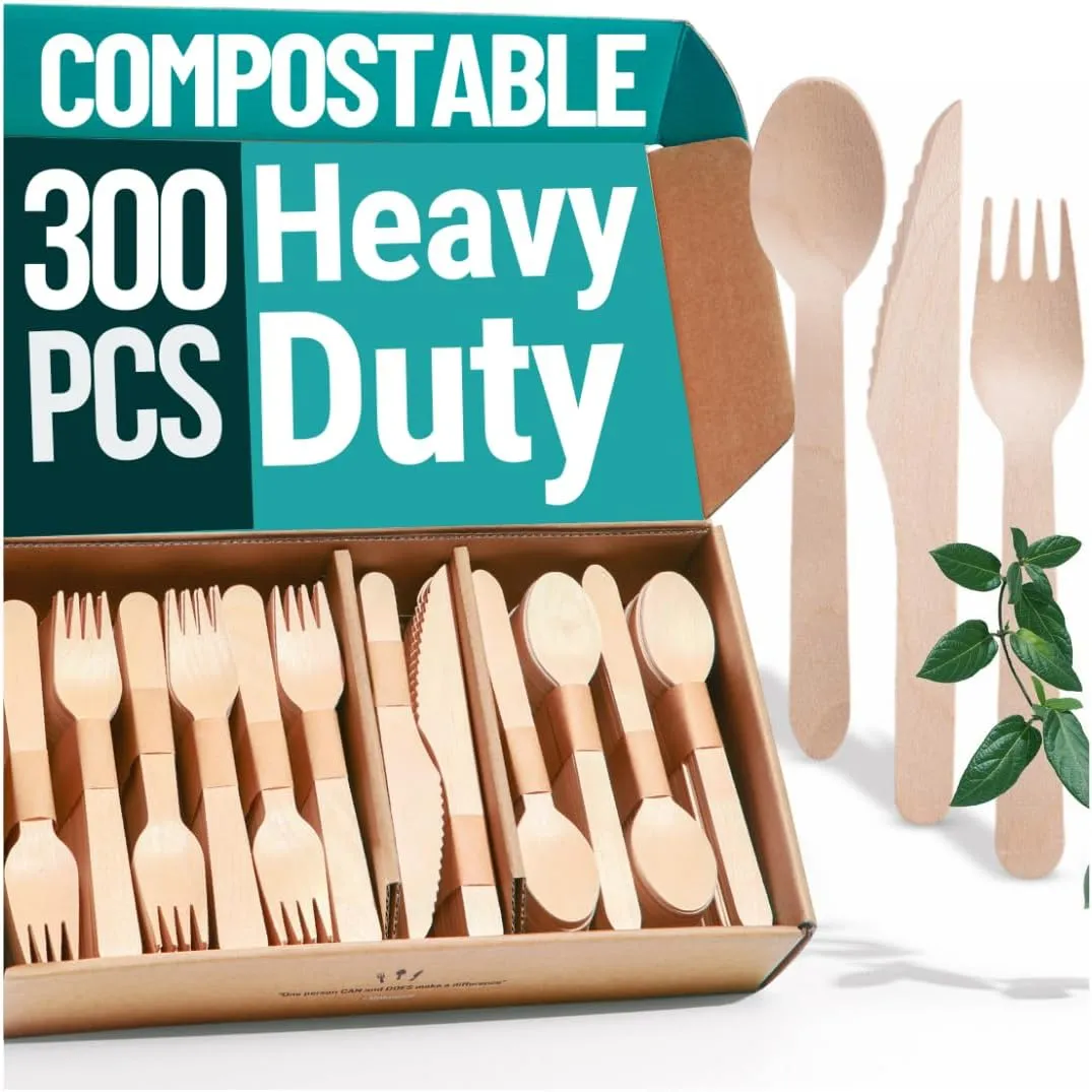 Disposable Wooden Cutlery Set - 300 pcs (150 Forks 100 Spoons 50 Knives) Compostable Utensils Set with Plastic-Free Packaging. Splinter-Free Compostable Cutlery Set for Parties & More