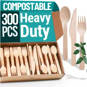 Disposable Wooden Cutlery Set - 300 pcs (150 Forks 100 Spoons 50 Knives) Compostable Utensils Set with Plastic-Free Packaging. Splinter-Free Compostable Cutlery Set for Parties & More