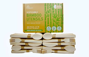 Disposable Bamboo Utensils, 200 Count PLUS BONUS 50 Knives [100 Spoon 100 Fork 50 knives] - Real Bamboo Eco-Friendly Compostable Cutlery