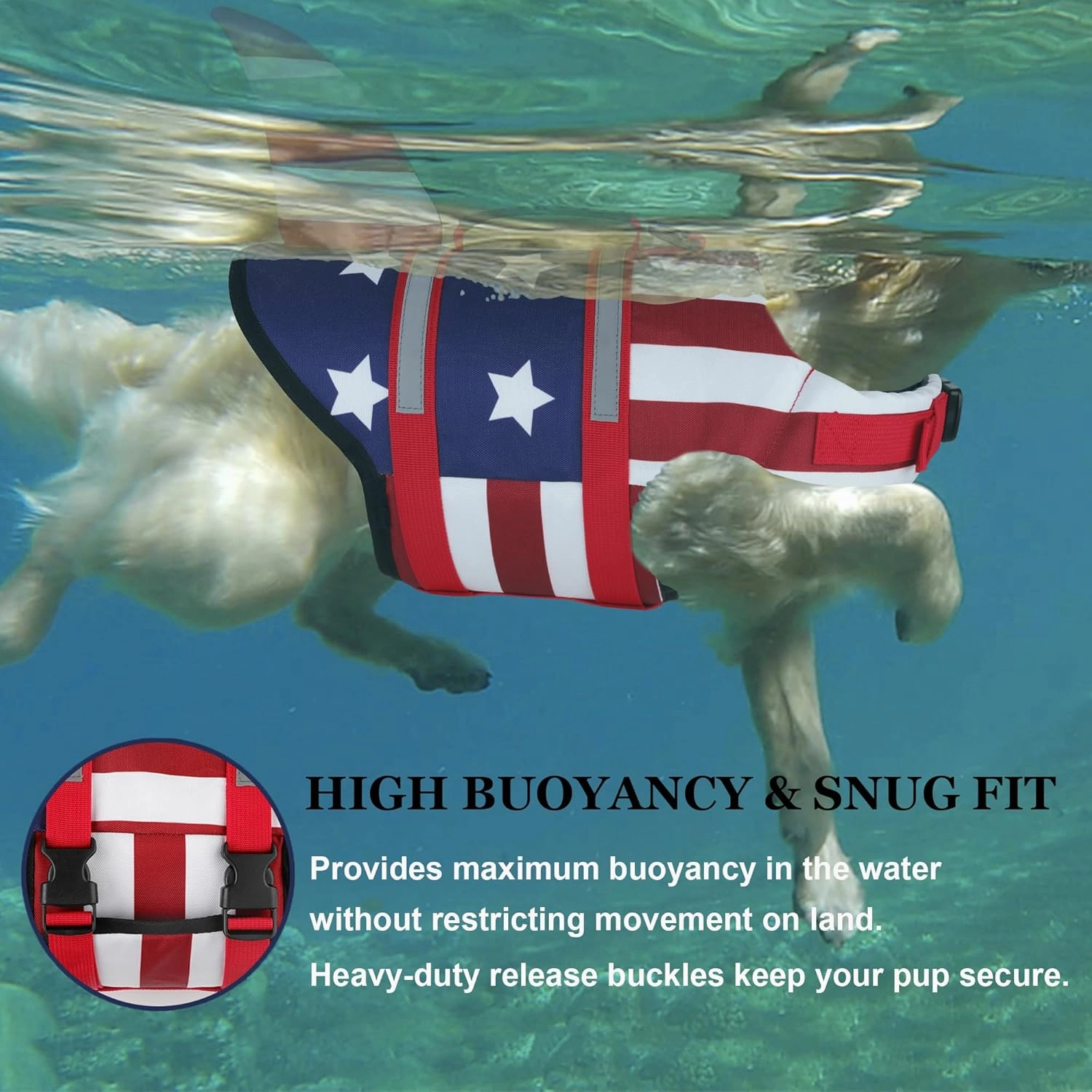 Dogcheer Dog Life Jacket Shark, American Flag Dog Life Vest with Reflective Stripes & Rescue Handle, Adjustable High Buoyancy Puppy Swim Float Vest for Small Medium Large Dogs(USA Flag, XS)