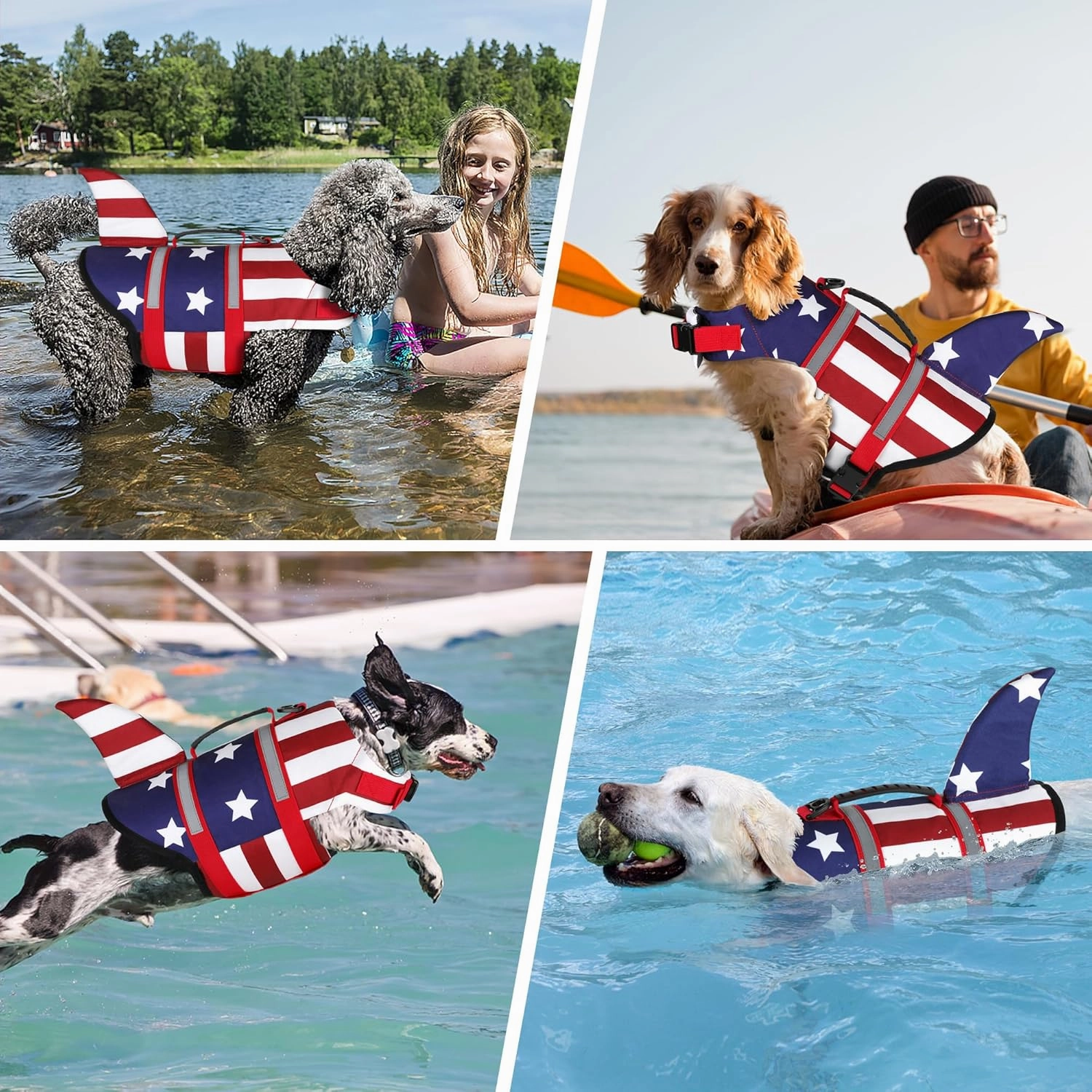 Dogcheer Dog Life Jacket Shark, American Flag Dog Life Vest with Reflective Stripes & Rescue Handle, Adjustable High Buoyancy Puppy Swim Float Vest for Small Medium Large Dogs(USA Flag, XS)