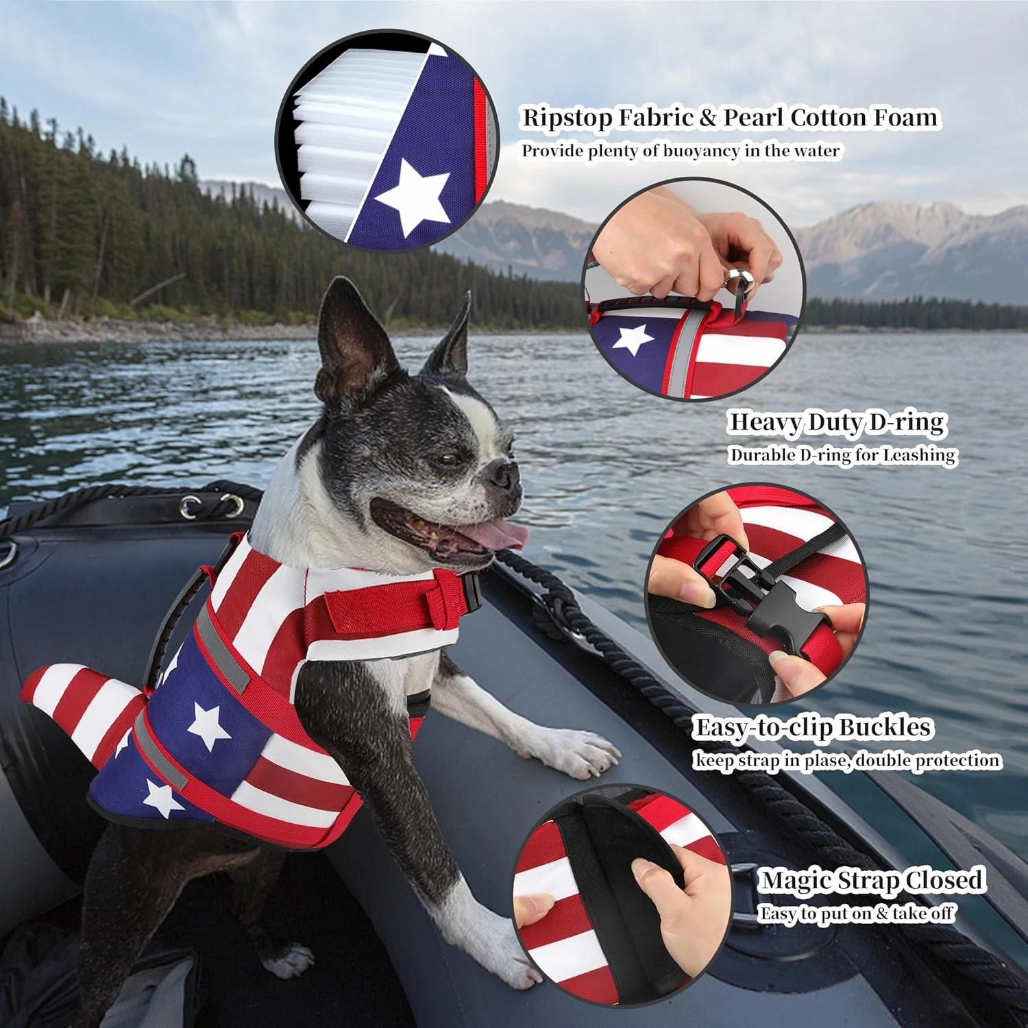 Dogcheer Dog Life Jacket Shark, American Flag Dog Life Vest with Reflective Stripes & Rescue Handle, Adjustable High Buoyancy Puppy Swim Float Vest for Small Medium Large Dogs(USA Flag, XS)