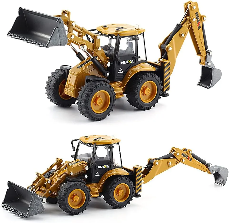 Dollox Die-cast Excavator Backhoe Front Loader Truck 1/50 Metal Engineering Vehicle Construction Tractor Model Collection Bulldozer Back Hoe Truck Decoration Toy Gift for Kids