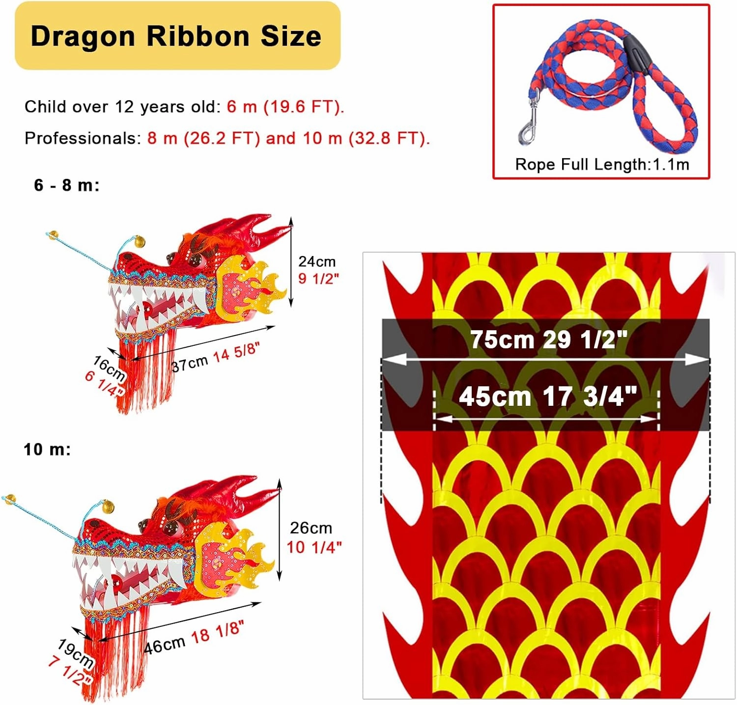 Dragon Dance Ribbon - Dragon Body Tape Set, Rhythmic Ribbon Ballerina with Travel Bag, Sport Fitness Throwing POI (8m/26ft)