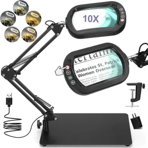 Drdefi 10X Square Magnifying Glass with Light and Stand, Real Glass LED Lighted Magnifier, 5 Color Modes Stepless Dimmable, Hands-Free Mag Desk Lamp with Clamp for Reading Craft Hobby Close Work